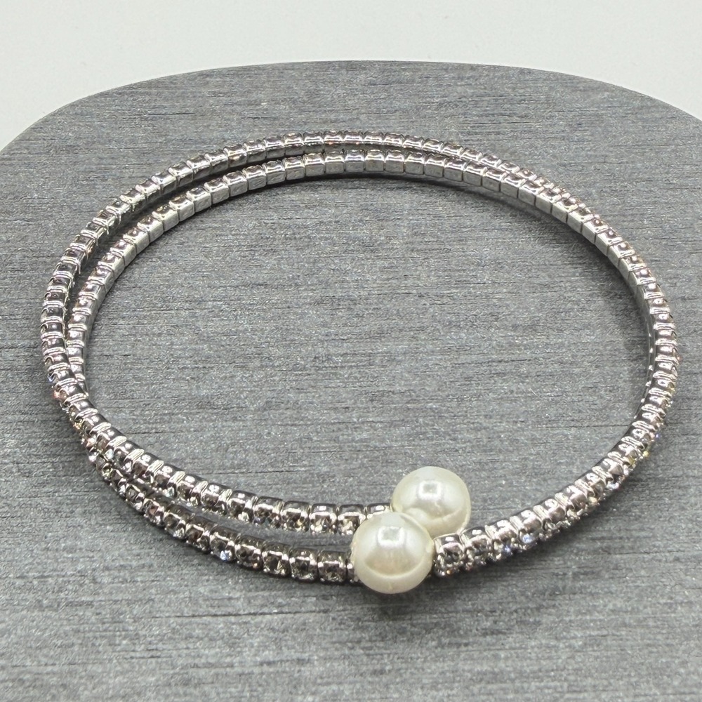 Silver Tone Rhinestone Double Wrap Bracelet Faux Pearl Accent Costume Jewelry